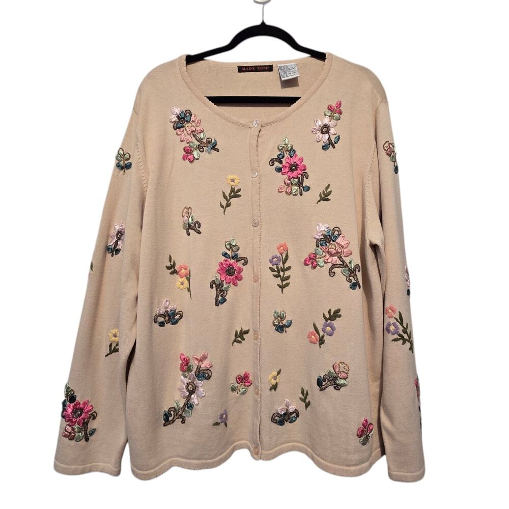 Vtg Blaine Trump Ribbon Embroidery Cardigan Sweater Women 1X Boho Cottage Floral